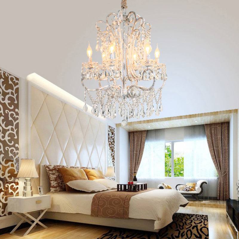 Curvy Bedroom Hanging Chandelier Simple Crystal 5/6 Lights Silver Suspension Lighting Fixture Clearhalo 'Ceiling Lights' 'Chandeliers' Lighting' options 329083