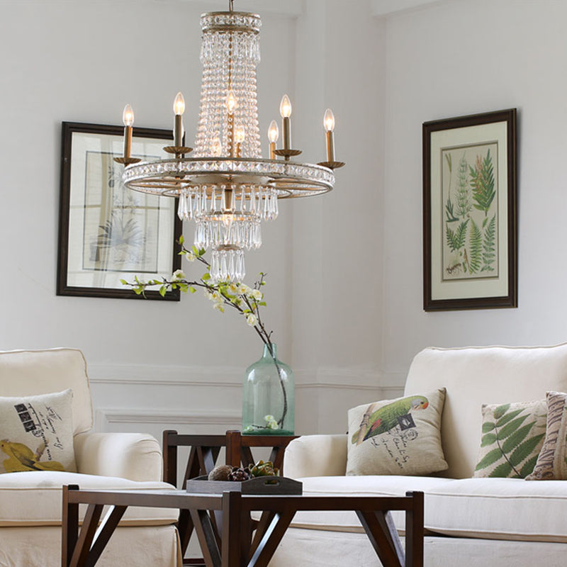 Silver 8/10 Lights Chandelier Countryside Crystal Tiered Ceiling Suspension Lamp for Living Room Clearhalo 'Ceiling Lights' 'Chandeliers' Lighting' options 329102