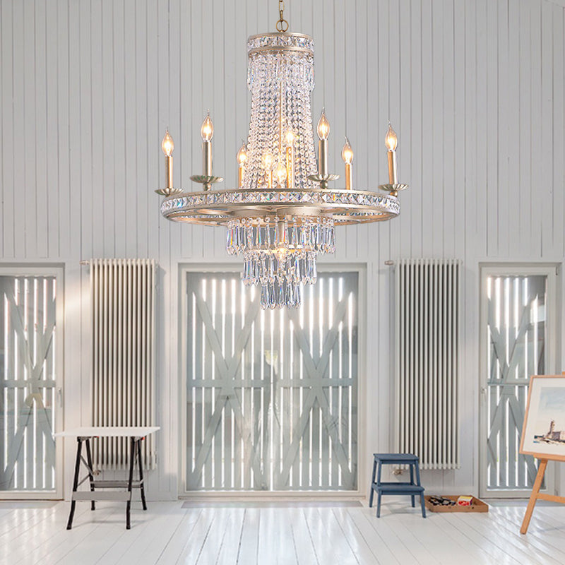 Silver 8/10 Lights Chandelier Countryside Crystal Tiered Ceiling Suspension Lamp for Living Room Clearhalo 'Ceiling Lights' 'Chandeliers' Lighting' options 329106