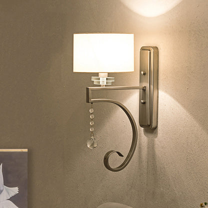 1 Bulb Crystal Wall Sconce Traditional Bedroom Wall Lighting Fixture with Drum Fabric Shade in Nickle Nickel Clearhalo 'Wall Lamps & Sconces' 'Wall Lights' Lighting' 329109