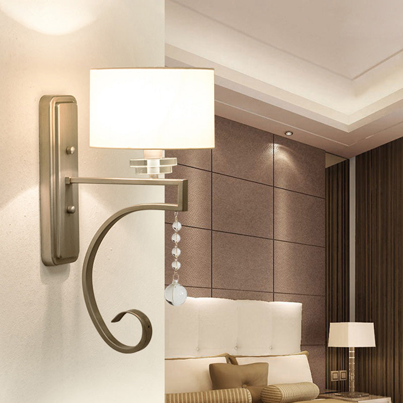 1 Bulb Crystal Wall Sconce Traditional Bedroom Wall Lighting Fixture with Drum Fabric Shade in Nickle Clearhalo 'Wall Lamps & Sconces' 'Wall Lights' Lighting' 329110