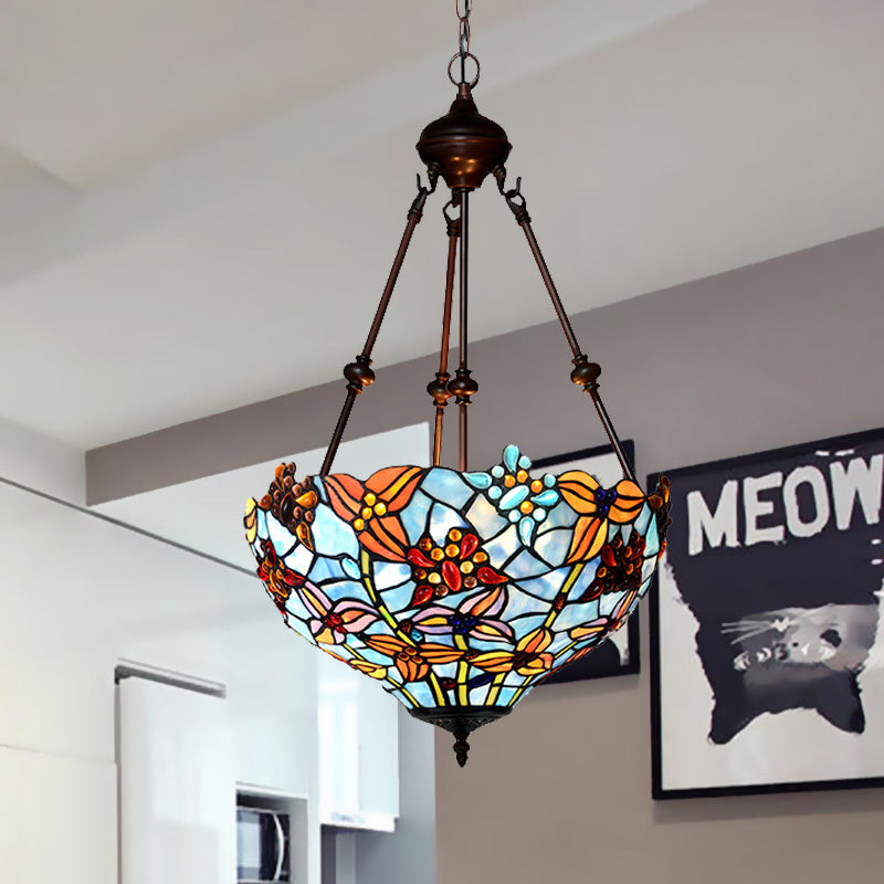 2 Lights Blossom Chandelier Lamp Tiffany Style Red/Blue Stained Glass Suspension Lighting for Bedroom Red Clearhalo 'Ceiling Lights' 'Chandeliers' 'Industrial' 'Middle Century Chandeliers' 'Tiffany Chandeliers' 'Tiffany close to ceiling' 'Tiffany' Lighting' 329349
