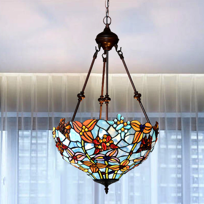2 Lights Blossom Chandelier Lamp Tiffany Style Red/Blue Stained Glass Suspension Lighting for Bedroom Clearhalo 'Ceiling Lights' 'Chandeliers' 'Industrial' 'Middle Century Chandeliers' 'Tiffany Chandeliers' 'Tiffany close to ceiling' 'Tiffany' Lighting' 329350