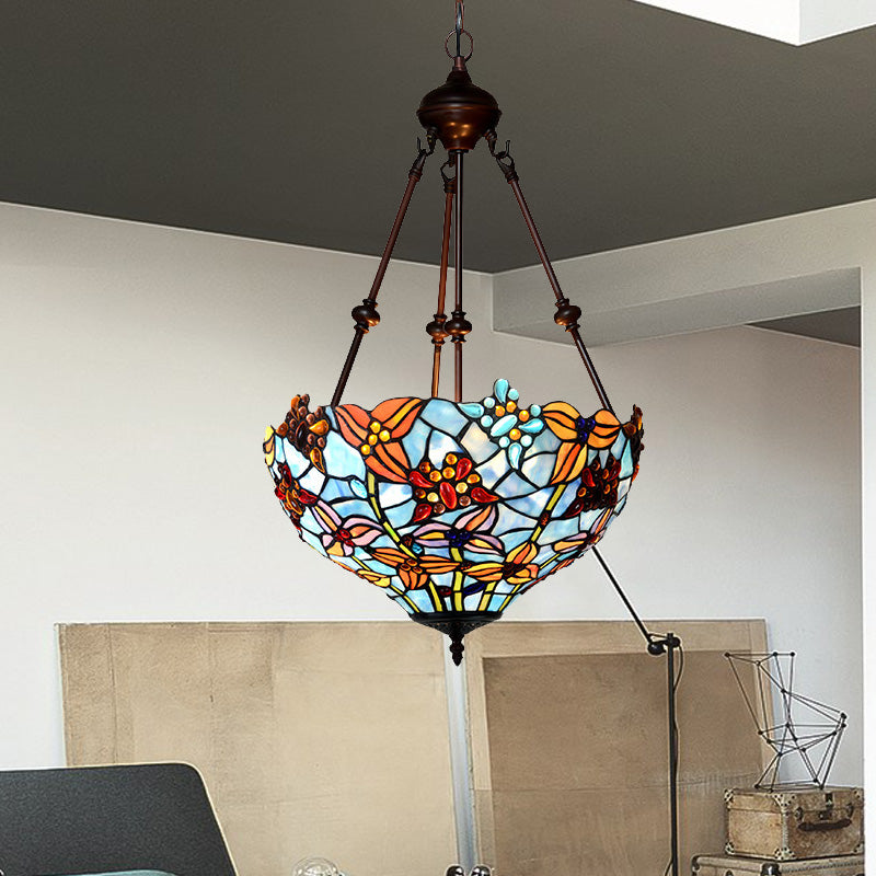 2 Lights Blossom Chandelier Lamp Tiffany Style Red/Blue Stained Glass Suspension Lighting for Bedroom Clearhalo 'Ceiling Lights' 'Chandeliers' 'Industrial' 'Middle Century Chandeliers' 'Tiffany Chandeliers' 'Tiffany close to ceiling' 'Tiffany' Lighting' 329351