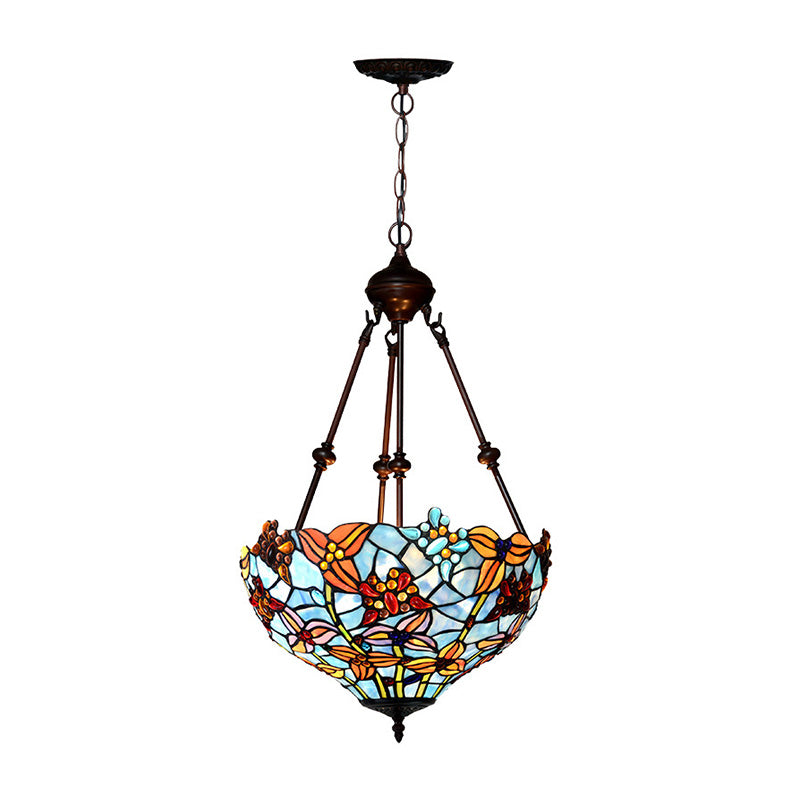 2 Lights Blossom Chandelier Lamp Tiffany Style Red/Blue Stained Glass Suspension Lighting for Bedroom Clearhalo 'Ceiling Lights' 'Chandeliers' 'Industrial' 'Middle Century Chandeliers' 'Tiffany Chandeliers' 'Tiffany close to ceiling' 'Tiffany' Lighting' 329352