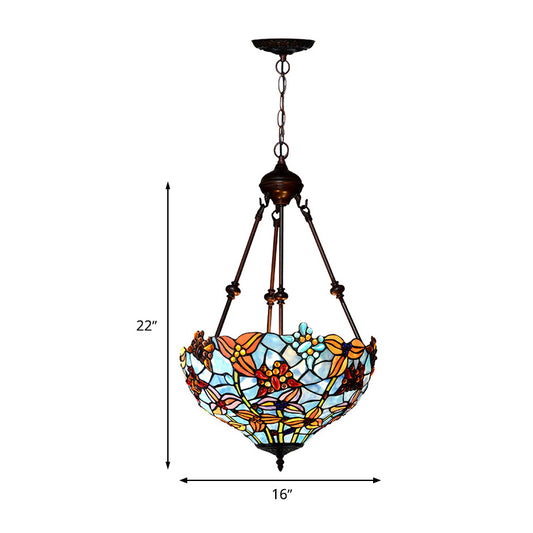 2 Lights Blossom Chandelier Lamp Tiffany Style Red/Blue Stained Glass Suspension Lighting for Bedroom Clearhalo 'Ceiling Lights' 'Chandeliers' 'Industrial' 'Middle Century Chandeliers' 'Tiffany Chandeliers' 'Tiffany close to ceiling' 'Tiffany' Lighting' 329353