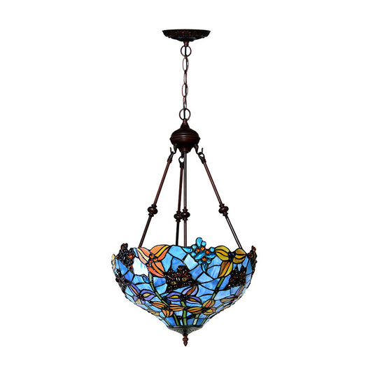 2 Lights Blossom Chandelier Lamp Tiffany Style Red/Blue Stained Glass Suspension Lighting for Bedroom Blue Clearhalo 'Ceiling Lights' 'Chandeliers' 'Industrial' 'Middle Century Chandeliers' 'Tiffany Chandeliers' 'Tiffany close to ceiling' 'Tiffany' Lighting' 329354