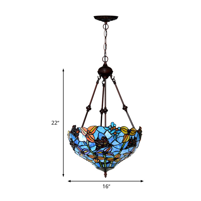 2 Lights Blossom Chandelier Lamp Tiffany Style Red/Blue Stained Glass Suspension Lighting for Bedroom Clearhalo 'Ceiling Lights' 'Chandeliers' 'Industrial' 'Middle Century Chandeliers' 'Tiffany Chandeliers' 'Tiffany close to ceiling' 'Tiffany' Lighting' 329355