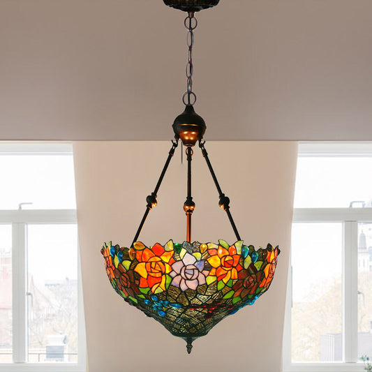3 Lights Chandelier Pendant Light Mediterranean Flower Stained Art Glass Hanging Lamp in Red/Orange/Green Green Clearhalo 'Ceiling Lights' 'Chandeliers' 'Industrial' 'Middle Century Chandeliers' 'Tiffany Chandeliers' 'Tiffany close to ceiling' 'Tiffany' Lighting' 329404