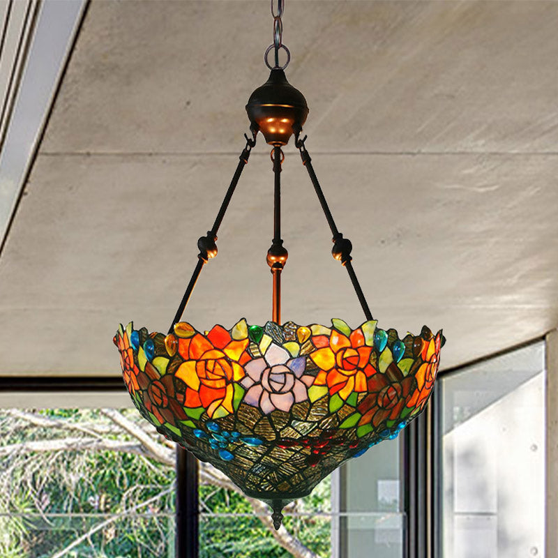 3 Lights Chandelier Pendant Light Mediterranean Flower Stained Art Glass Hanging Lamp in Red/Orange/Green Clearhalo 'Ceiling Lights' 'Chandeliers' 'Industrial' 'Middle Century Chandeliers' 'Tiffany Chandeliers' 'Tiffany close to ceiling' 'Tiffany' Lighting' 329405