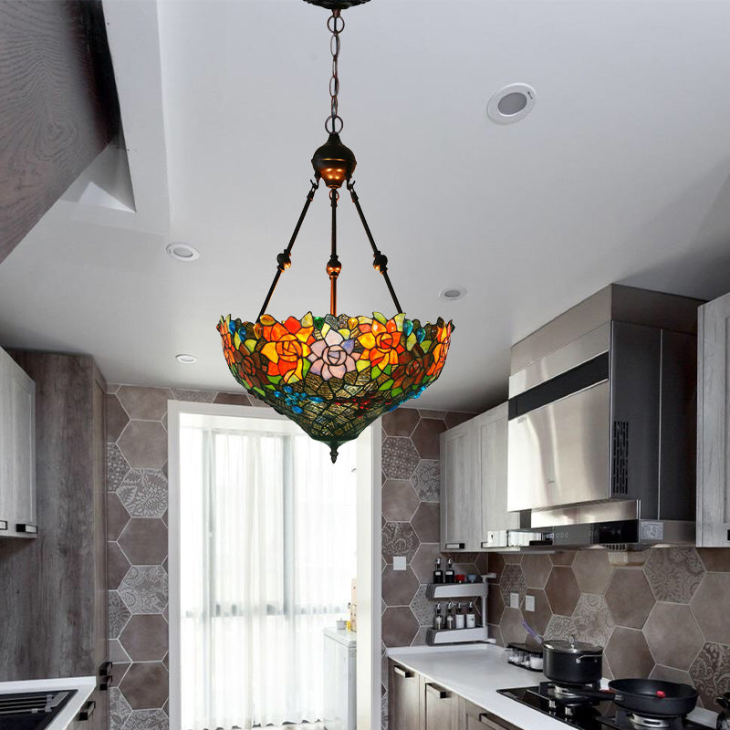 3 Lights Chandelier Pendant Light Mediterranean Flower Stained Art Glass Hanging Lamp in Red/Orange/Green Clearhalo 'Ceiling Lights' 'Chandeliers' 'Industrial' 'Middle Century Chandeliers' 'Tiffany Chandeliers' 'Tiffany close to ceiling' 'Tiffany' Lighting' 329406