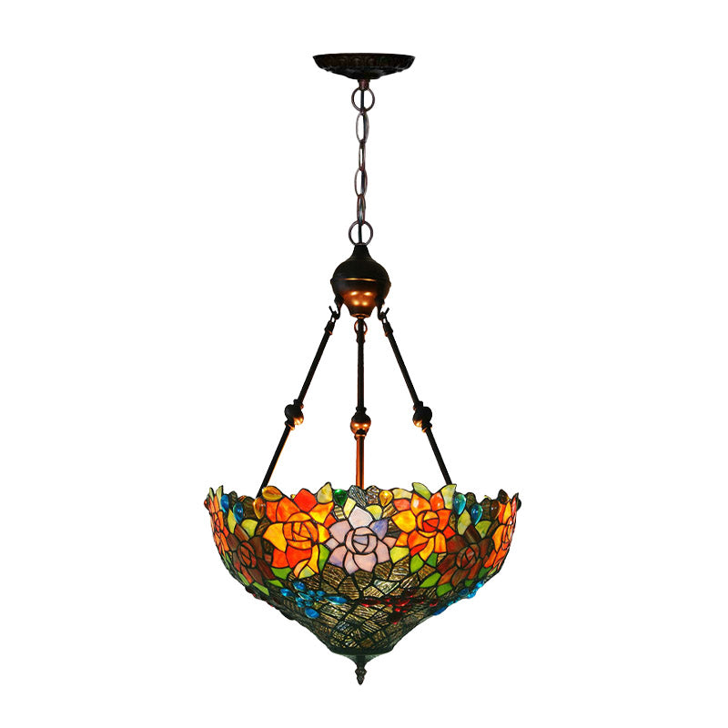 3 Lights Chandelier Pendant Light Mediterranean Flower Stained Art Glass Hanging Lamp in Red/Orange/Green Clearhalo 'Ceiling Lights' 'Chandeliers' 'Industrial' 'Middle Century Chandeliers' 'Tiffany Chandeliers' 'Tiffany close to ceiling' 'Tiffany' Lighting' 329407