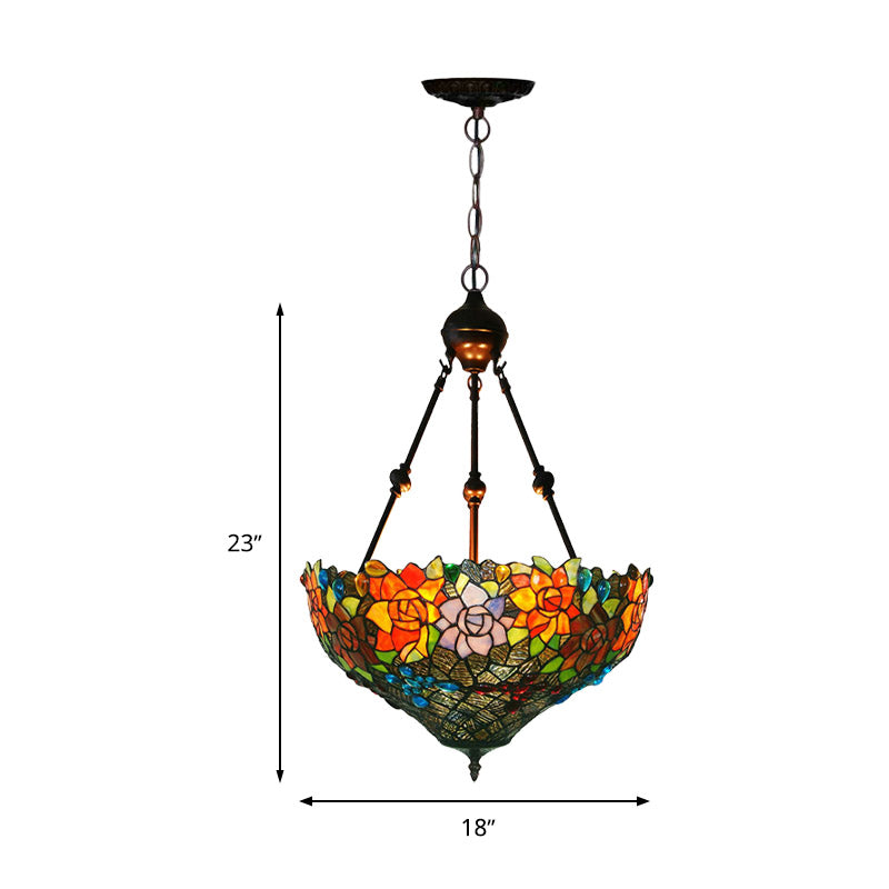 3 Lights Chandelier Pendant Light Mediterranean Flower Stained Art Glass Hanging Lamp in Red/Orange/Green Clearhalo 'Ceiling Lights' 'Chandeliers' 'Industrial' 'Middle Century Chandeliers' 'Tiffany Chandeliers' 'Tiffany close to ceiling' 'Tiffany' Lighting' 329408