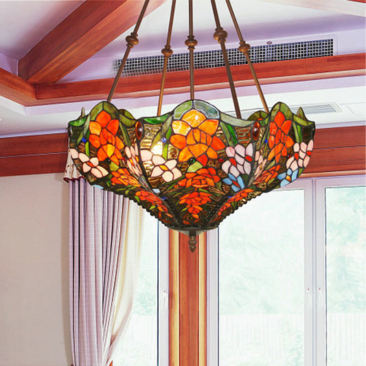 3 Lights Chandelier Pendant Light Mediterranean Flower Stained Art Glass Hanging Lamp in Red/Orange/Green Orange Clearhalo 'Ceiling Lights' 'Chandeliers' 'Industrial' 'Middle Century Chandeliers' 'Tiffany Chandeliers' 'Tiffany close to ceiling' 'Tiffany' Lighting' 329409