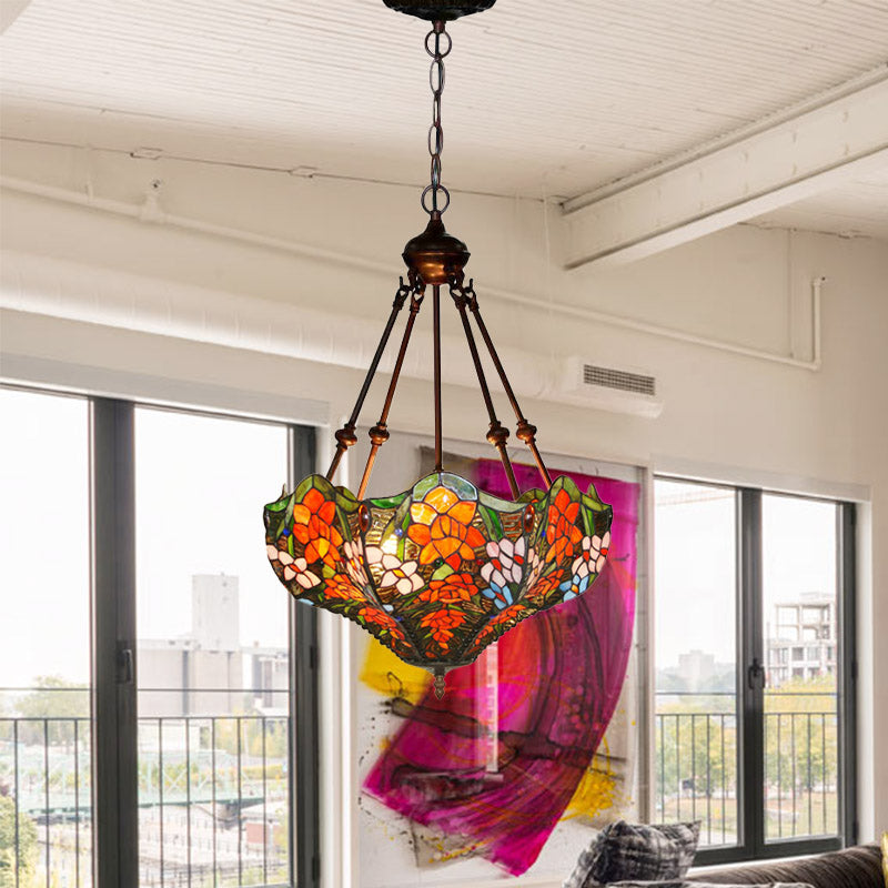 3 Lights Chandelier Pendant Light Mediterranean Flower Stained Art Glass Hanging Lamp in Red/Orange/Green Clearhalo 'Ceiling Lights' 'Chandeliers' 'Industrial' 'Middle Century Chandeliers' 'Tiffany Chandeliers' 'Tiffany close to ceiling' 'Tiffany' Lighting' 329410