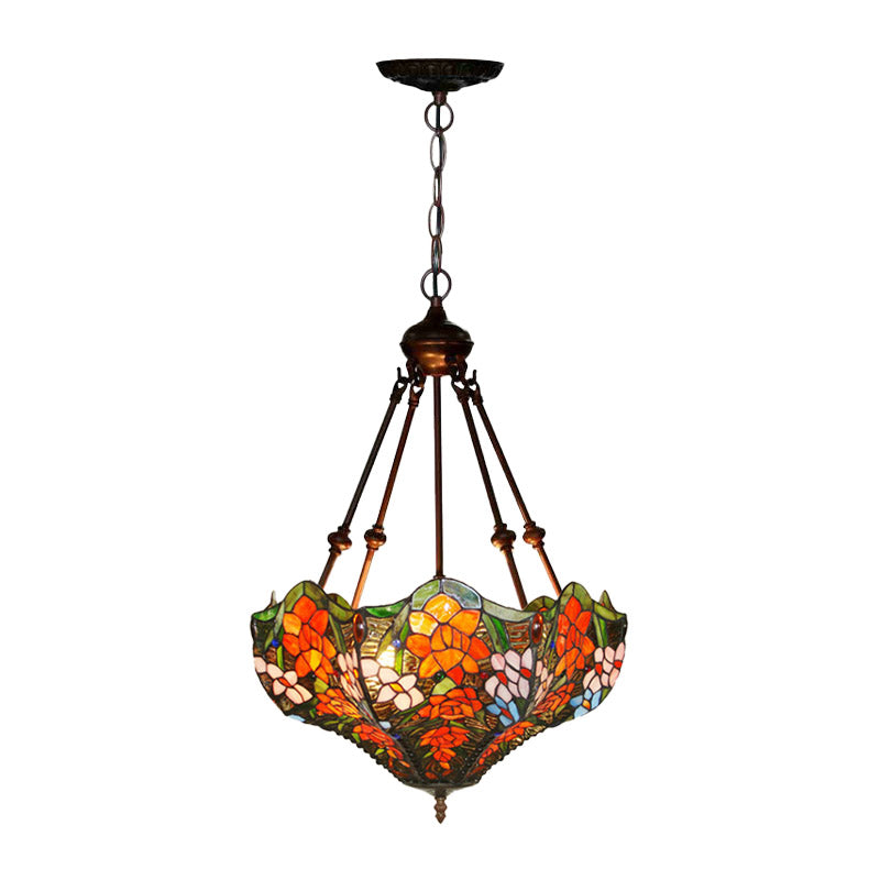 3 Lights Chandelier Pendant Light Mediterranean Flower Stained Art Glass Hanging Lamp in Red/Orange/Green Clearhalo 'Ceiling Lights' 'Chandeliers' 'Industrial' 'Middle Century Chandeliers' 'Tiffany Chandeliers' 'Tiffany close to ceiling' 'Tiffany' Lighting' 329411