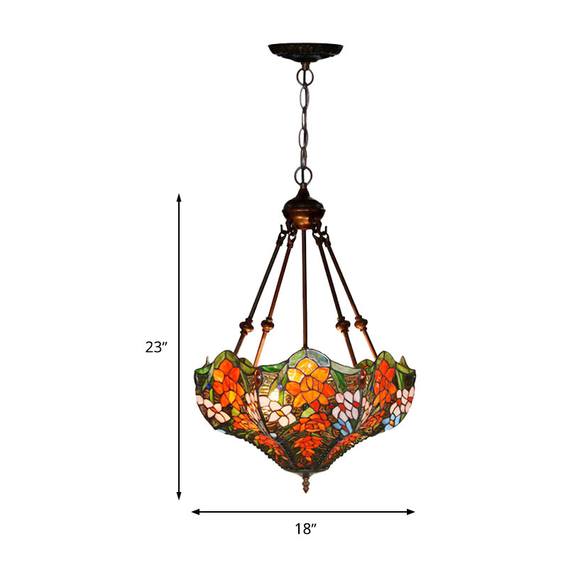 3 Lights Chandelier Pendant Light Mediterranean Flower Stained Art Glass Hanging Lamp in Red/Orange/Green Clearhalo 'Ceiling Lights' 'Chandeliers' 'Industrial' 'Middle Century Chandeliers' 'Tiffany Chandeliers' 'Tiffany close to ceiling' 'Tiffany' Lighting' 329412