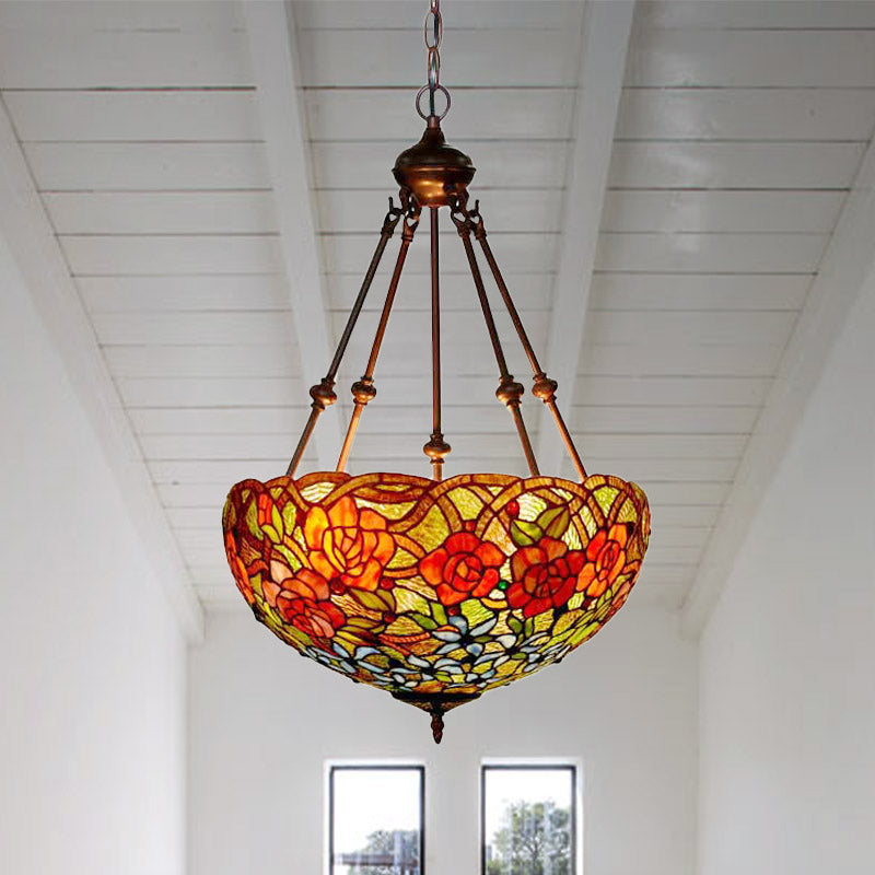 3 Lights Chandelier Pendant Light Mediterranean Flower Stained Art Glass Hanging Lamp in Red/Orange/Green Red Clearhalo 'Ceiling Lights' 'Chandeliers' 'Industrial' 'Middle Century Chandeliers' 'Tiffany Chandeliers' 'Tiffany close to ceiling' 'Tiffany' Lighting' 329413
