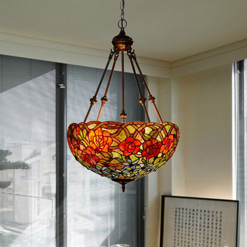 3 Lights Chandelier Pendant Light Mediterranean Flower Stained Art Glass Hanging Lamp in Red/Orange/Green Clearhalo 'Ceiling Lights' 'Chandeliers' 'Industrial' 'Middle Century Chandeliers' 'Tiffany Chandeliers' 'Tiffany close to ceiling' 'Tiffany' Lighting' 329414
