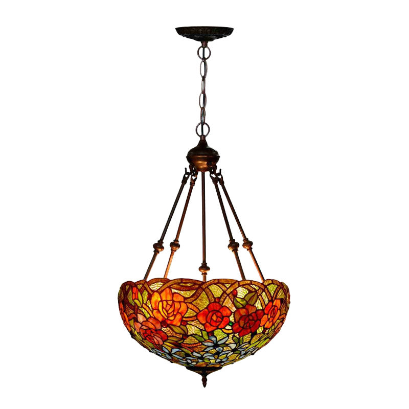 3 Lights Chandelier Pendant Light Mediterranean Flower Stained Art Glass Hanging Lamp in Red/Orange/Green Clearhalo 'Ceiling Lights' 'Chandeliers' 'Industrial' 'Middle Century Chandeliers' 'Tiffany Chandeliers' 'Tiffany close to ceiling' 'Tiffany' Lighting' 329415