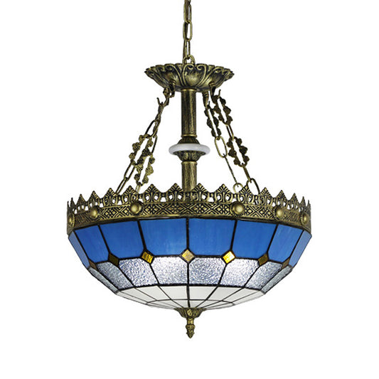 White/Blue 3 Lights Pendant Chandelier Tiffany Hand Cut Glass Bowl Shade Drop Lamp for Bedroom, 12"/16" W Blue Clearhalo 'Ceiling Lights' 'Chandeliers' 'Industrial' 'Middle Century Chandeliers' 'Tiffany Chandeliers' 'Tiffany close to ceiling' 'Tiffany' Lighting' 329523