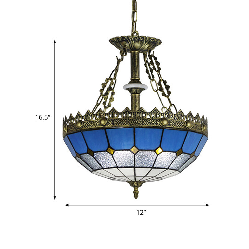 White/Blue 3 Lights Pendant Chandelier Tiffany Hand Cut Glass Bowl Shade Drop Lamp for Bedroom, 12"/16" W Clearhalo 'Ceiling Lights' 'Chandeliers' 'Industrial' 'Middle Century Chandeliers' 'Tiffany Chandeliers' 'Tiffany close to ceiling' 'Tiffany' Lighting' 329524