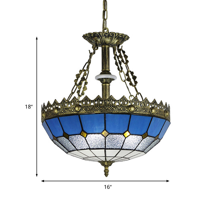 White/Blue 3 Lights Pendant Chandelier Tiffany Hand Cut Glass Bowl Shade Drop Lamp for Bedroom, 12"/16" W Clearhalo 'Ceiling Lights' 'Chandeliers' 'Industrial' 'Middle Century Chandeliers' 'Tiffany Chandeliers' 'Tiffany close to ceiling' 'Tiffany' Lighting' 329525