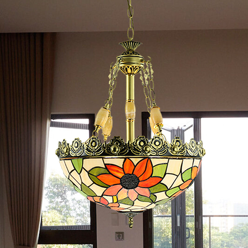 Tiffany Sunflower/Rose Chandelier 3/4 Lights Stained Art Glass Pendant Light Kit in Red/Green for Bedroom Clearhalo 'Ceiling Lights' 'Chandeliers' 'Industrial' 'Middle Century Chandeliers' 'Tiffany Chandeliers' 'Tiffany close to ceiling' 'Tiffany' Lighting' 329730