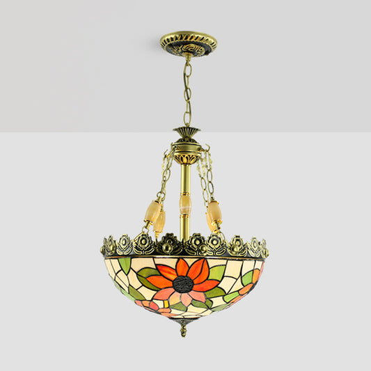 Tiffany Sunflower/Rose Chandelier 3/4 Lights Stained Art Glass Pendant Light Kit in Red/Green for Bedroom Clearhalo 'Ceiling Lights' 'Chandeliers' 'Industrial' 'Middle Century Chandeliers' 'Tiffany Chandeliers' 'Tiffany close to ceiling' 'Tiffany' Lighting' 329731
