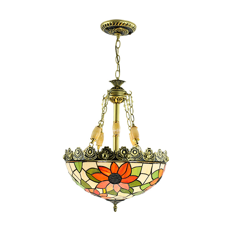 Tiffany Sunflower/Rose Chandelier 3/4 Lights Stained Art Glass Pendant Light Kit in Red/Green for Bedroom Clearhalo 'Ceiling Lights' 'Chandeliers' 'Industrial' 'Middle Century Chandeliers' 'Tiffany Chandeliers' 'Tiffany close to ceiling' 'Tiffany' Lighting' 329732