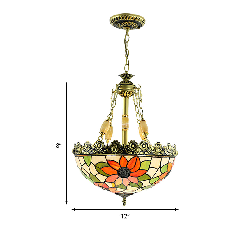 Tiffany Sunflower/Rose Chandelier 3/4 Lights Stained Art Glass Pendant Light Kit in Red/Green for Bedroom Clearhalo 'Ceiling Lights' 'Chandeliers' 'Industrial' 'Middle Century Chandeliers' 'Tiffany Chandeliers' 'Tiffany close to ceiling' 'Tiffany' Lighting' 329733