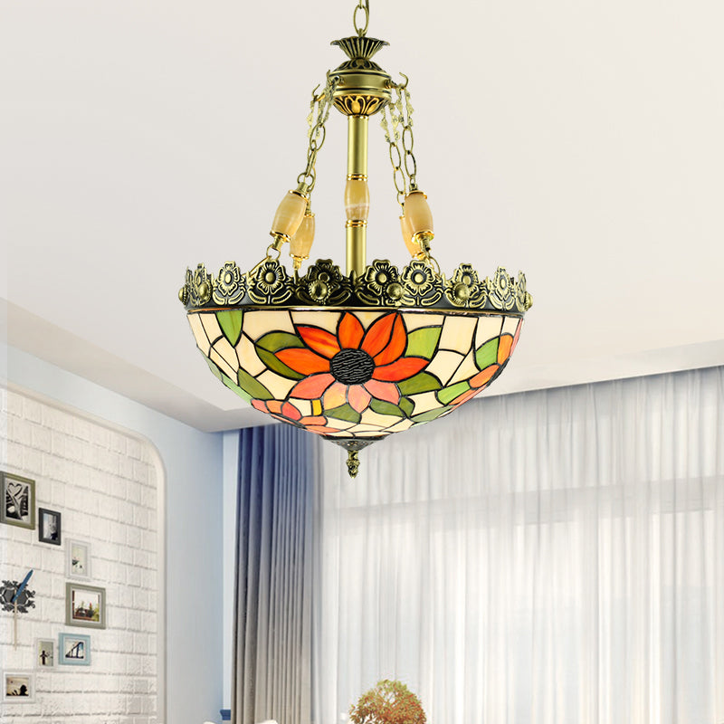 Tiffany Sunflower/Rose Chandelier 3/4 Lights Stained Art Glass Pendant Light Kit in Red/Green for Bedroom 4 Red Clearhalo 'Ceiling Lights' 'Chandeliers' 'Industrial' 'Middle Century Chandeliers' 'Tiffany Chandeliers' 'Tiffany close to ceiling' 'Tiffany' Lighting' 329734