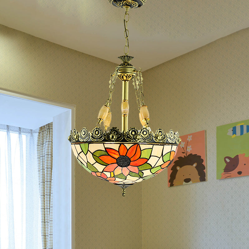 Tiffany Sunflower/Rose Chandelier 3/4 Lights Stained Art Glass Pendant Light Kit in Red/Green for Bedroom Clearhalo 'Ceiling Lights' 'Chandeliers' 'Industrial' 'Middle Century Chandeliers' 'Tiffany Chandeliers' 'Tiffany close to ceiling' 'Tiffany' Lighting' 329735