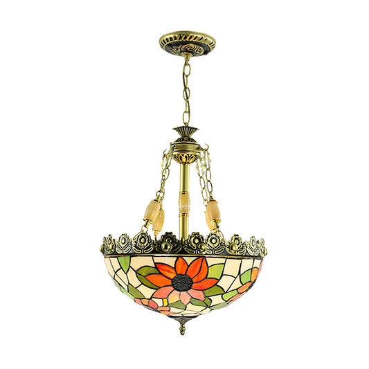 Tiffany Sunflower/Rose Chandelier 3/4 Lights Stained Art Glass Pendant Light Kit in Red/Green for Bedroom Clearhalo 'Ceiling Lights' 'Chandeliers' 'Industrial' 'Middle Century Chandeliers' 'Tiffany Chandeliers' 'Tiffany close to ceiling' 'Tiffany' Lighting' 329736