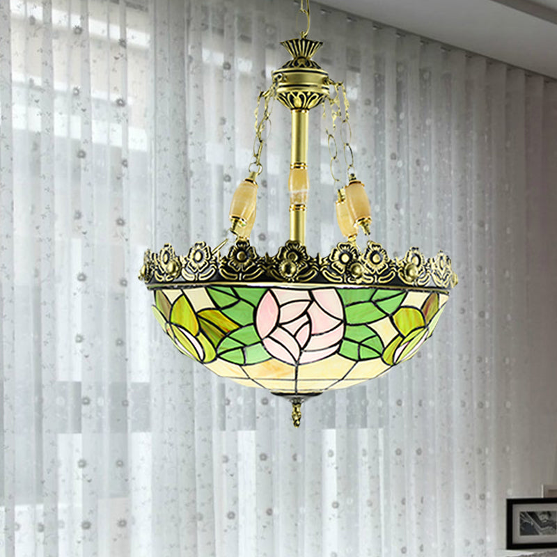 Tiffany Sunflower/Rose Chandelier 3/4 Lights Stained Art Glass Pendant Light Kit in Red/Green for Bedroom 3 Green Clearhalo 'Ceiling Lights' 'Chandeliers' 'Industrial' 'Middle Century Chandeliers' 'Tiffany Chandeliers' 'Tiffany close to ceiling' 'Tiffany' Lighting' 329738