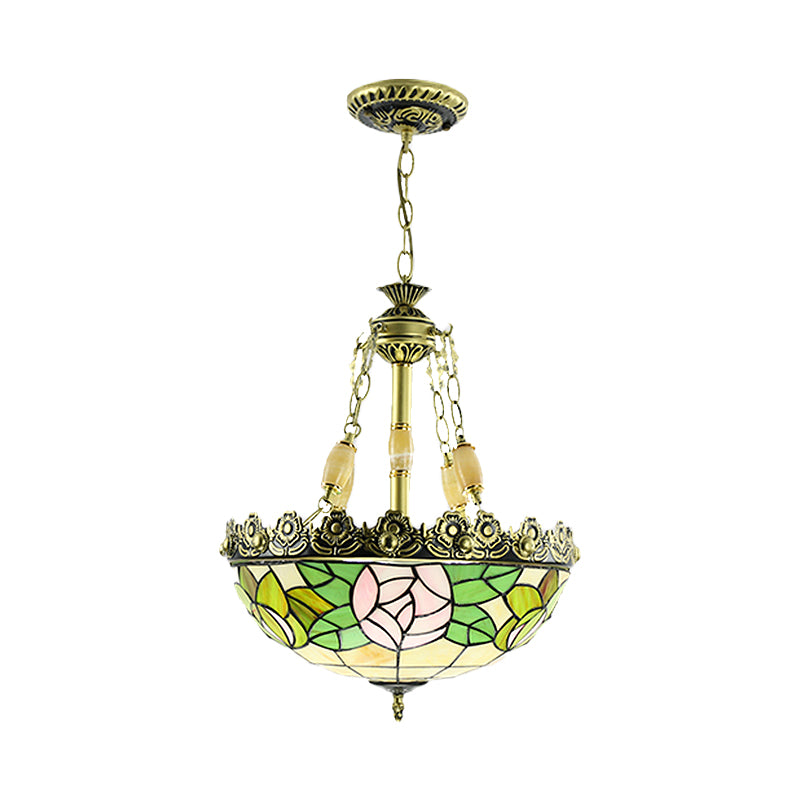 Tiffany Sunflower/Rose Chandelier 3/4 Lights Stained Art Glass Pendant Light Kit in Red/Green for Bedroom Clearhalo 'Ceiling Lights' 'Chandeliers' 'Industrial' 'Middle Century Chandeliers' 'Tiffany Chandeliers' 'Tiffany close to ceiling' 'Tiffany' Lighting' 329740