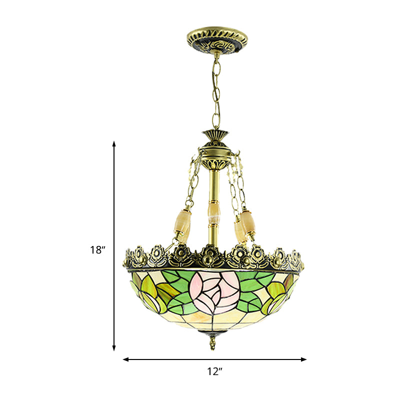 Tiffany Sunflower/Rose Chandelier 3/4 Lights Stained Art Glass Pendant Light Kit in Red/Green for Bedroom Clearhalo 'Ceiling Lights' 'Chandeliers' 'Industrial' 'Middle Century Chandeliers' 'Tiffany Chandeliers' 'Tiffany close to ceiling' 'Tiffany' Lighting' 329741