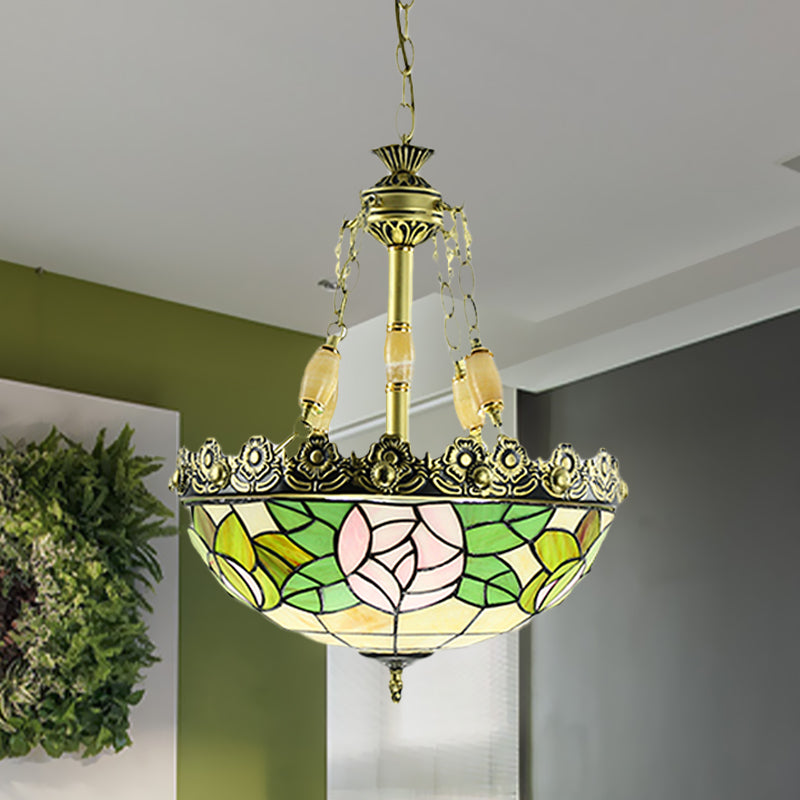 Tiffany Sunflower/Rose Chandelier 3/4 Lights Stained Art Glass Pendant Light Kit in Red/Green for Bedroom 4 Green Clearhalo 'Ceiling Lights' 'Chandeliers' 'Industrial' 'Middle Century Chandeliers' 'Tiffany Chandeliers' 'Tiffany close to ceiling' 'Tiffany' Lighting' 329742