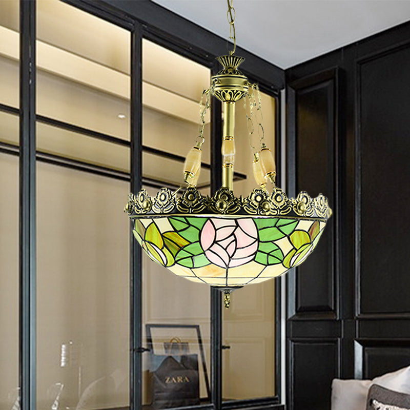 Tiffany Sunflower/Rose Chandelier 3/4 Lights Stained Art Glass Pendant Light Kit in Red/Green for Bedroom Clearhalo 'Ceiling Lights' 'Chandeliers' 'Industrial' 'Middle Century Chandeliers' 'Tiffany Chandeliers' 'Tiffany close to ceiling' 'Tiffany' Lighting' 329743