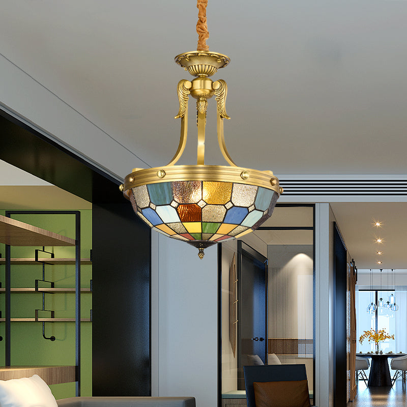 3 Lights Tiffany Chandelier Lighting Bowl Shade Cut Glass Suspension Pendant Light in Blue/Textured Silver for Kitchen Clearhalo 'Ceiling Lights' 'Chandeliers' 'Industrial' 'Middle Century Chandeliers' 'Tiffany Chandeliers' 'Tiffany close to ceiling' 'Tiffany' Lighting' 330179