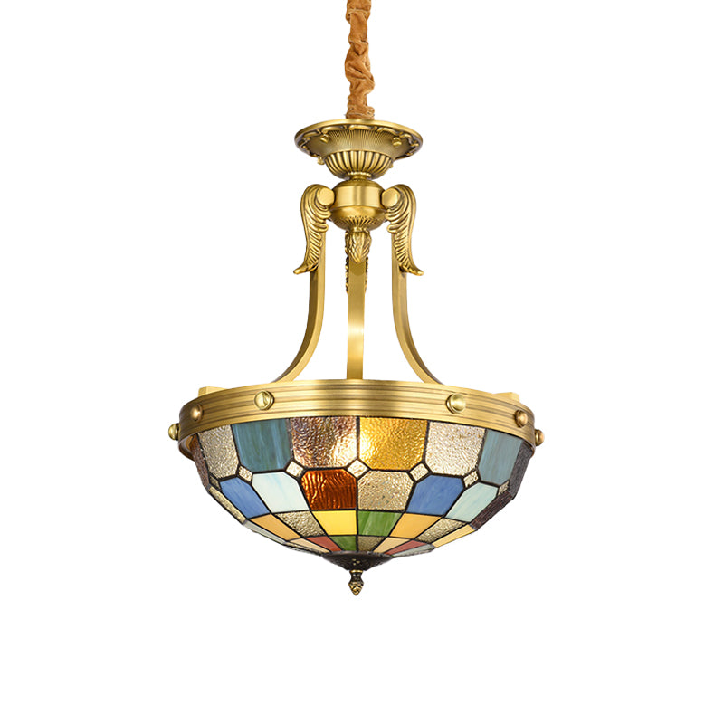3 Lights Tiffany Chandelier Lighting Bowl Shade Cut Glass Suspension Pendant Light in Blue/Textured Silver for Kitchen Clearhalo 'Ceiling Lights' 'Chandeliers' 'Industrial' 'Middle Century Chandeliers' 'Tiffany Chandeliers' 'Tiffany close to ceiling' 'Tiffany' Lighting' 330180