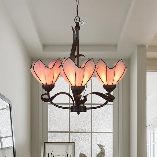 Bronze 3/5 Lights Chandelier Lighting Fixture Baroque Pink/Purple Floral Pendant Lamp for Kitchen 3.0 Pink Clearhalo 'Ceiling Lights' 'Chandeliers' 'Industrial' 'Middle Century Chandeliers' 'Tiffany Chandeliers' 'Tiffany close to ceiling' 'Tiffany' Lighting' 330295