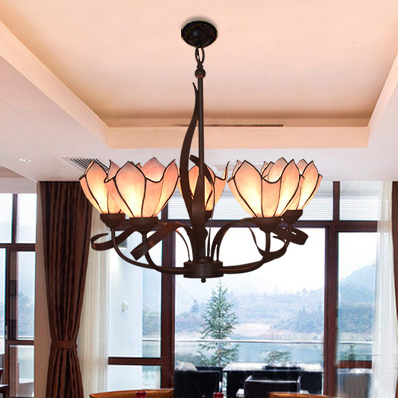 Bronze 3/5 Lights Chandelier Lighting Fixture Baroque Pink/Purple Floral Pendant Lamp for Kitchen 5.0 Pink Clearhalo 'Ceiling Lights' 'Chandeliers' 'Industrial' 'Middle Century Chandeliers' 'Tiffany Chandeliers' 'Tiffany close to ceiling' 'Tiffany' Lighting' 330300