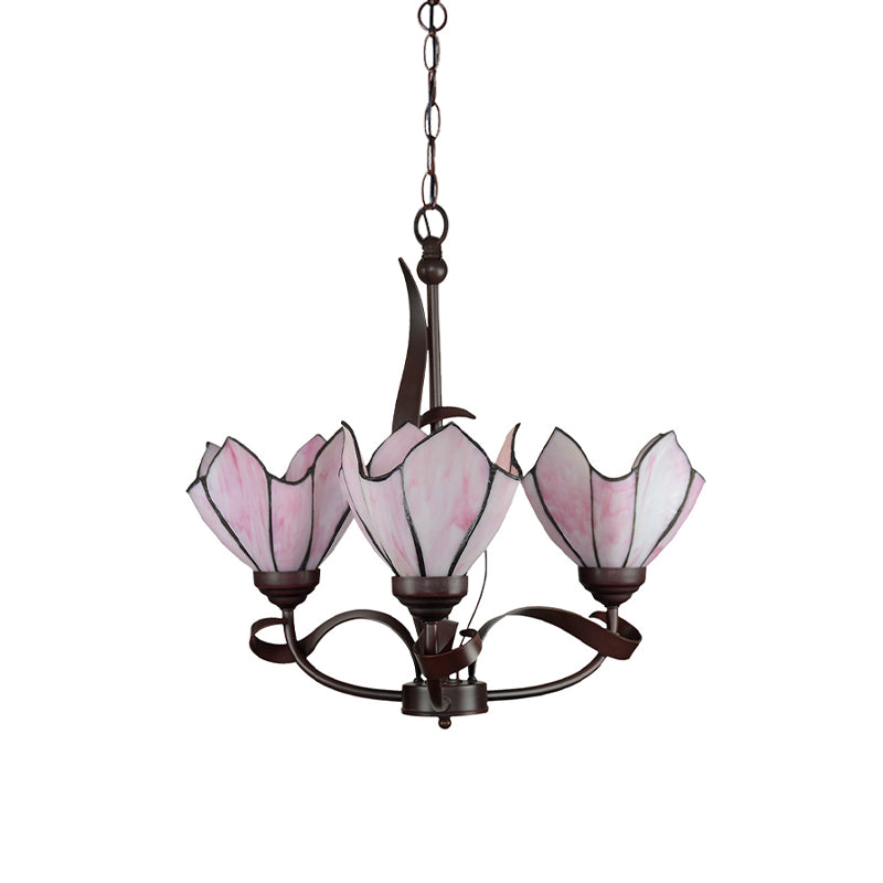 Bronze 3/5 Lights Chandelier Lighting Fixture Baroque Pink/Purple Floral Pendant Lamp for Kitchen Clearhalo 'Ceiling Lights' 'Chandeliers' 'Industrial' 'Middle Century Chandeliers' 'Tiffany Chandeliers' 'Tiffany close to ceiling' 'Tiffany' Lighting' 330304