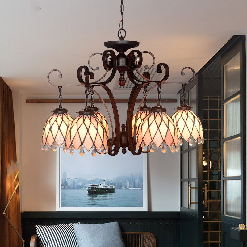 Tiffany Flower Pendant Chandelier 6 Lights Stained Glass Hanging Ceiling Light in Black for Living Room Black Clearhalo 'Ceiling Lights' 'Chandeliers' 'Industrial' 'Middle Century Chandeliers' 'Tiffany Chandeliers' 'Tiffany close to ceiling' 'Tiffany' Lighting' 330366