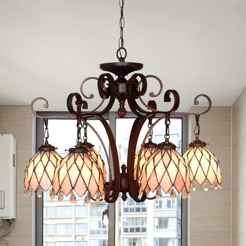Tiffany Flower Pendant Chandelier 6 Lights Stained Glass Hanging Ceiling Light in Black for Living Room Clearhalo 'Ceiling Lights' 'Chandeliers' 'Industrial' 'Middle Century Chandeliers' 'Tiffany Chandeliers' 'Tiffany close to ceiling' 'Tiffany' Lighting' 330367