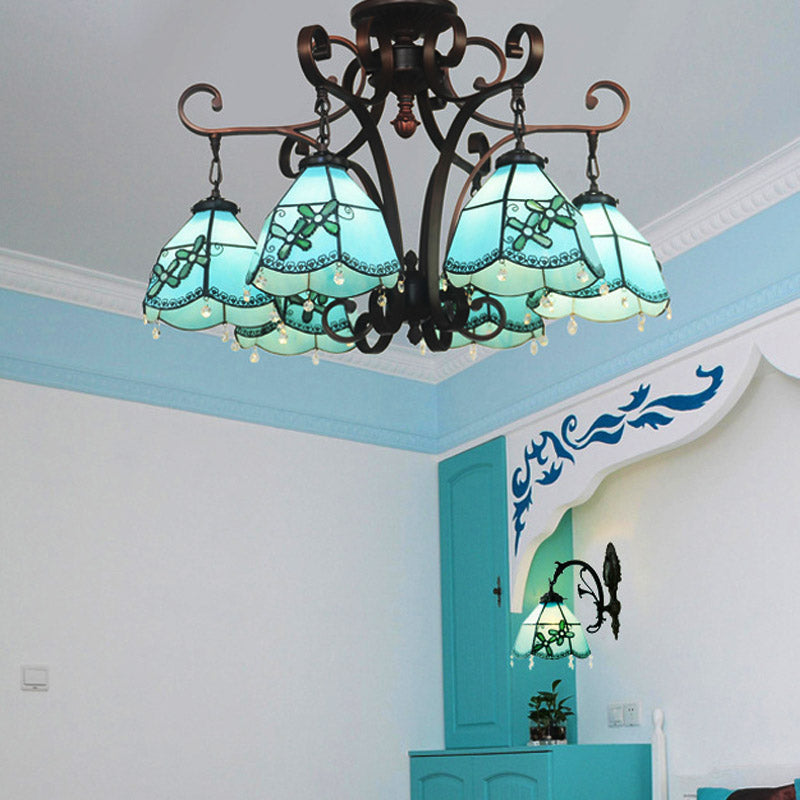 Flower Hanging Chandelier Baroque Hand Cut Glass 6 Lights Blue/Textured Silver Ceiling Lamp for Living Room Blue Clearhalo 'Ceiling Lights' 'Chandeliers' 'Industrial' 'Middle Century Chandeliers' 'Tiffany Chandeliers' 'Tiffany close to ceiling' 'Tiffany' Lighting' 330402