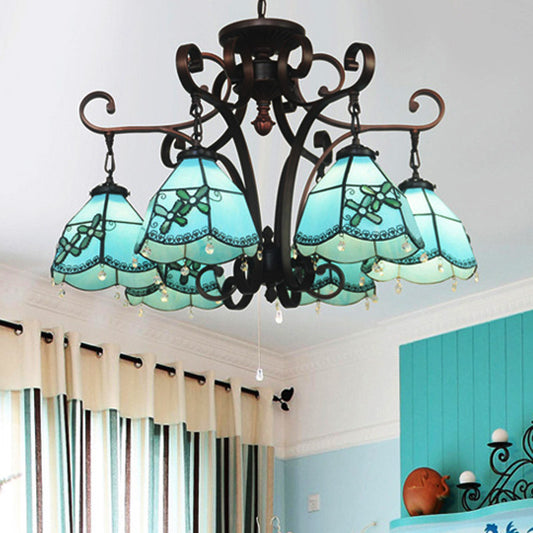 Flower Hanging Chandelier Baroque Hand Cut Glass 6 Lights Blue/Textured Silver Ceiling Lamp for Living Room Clearhalo 'Ceiling Lights' 'Chandeliers' 'Industrial' 'Middle Century Chandeliers' 'Tiffany Chandeliers' 'Tiffany close to ceiling' 'Tiffany' Lighting' 330403
