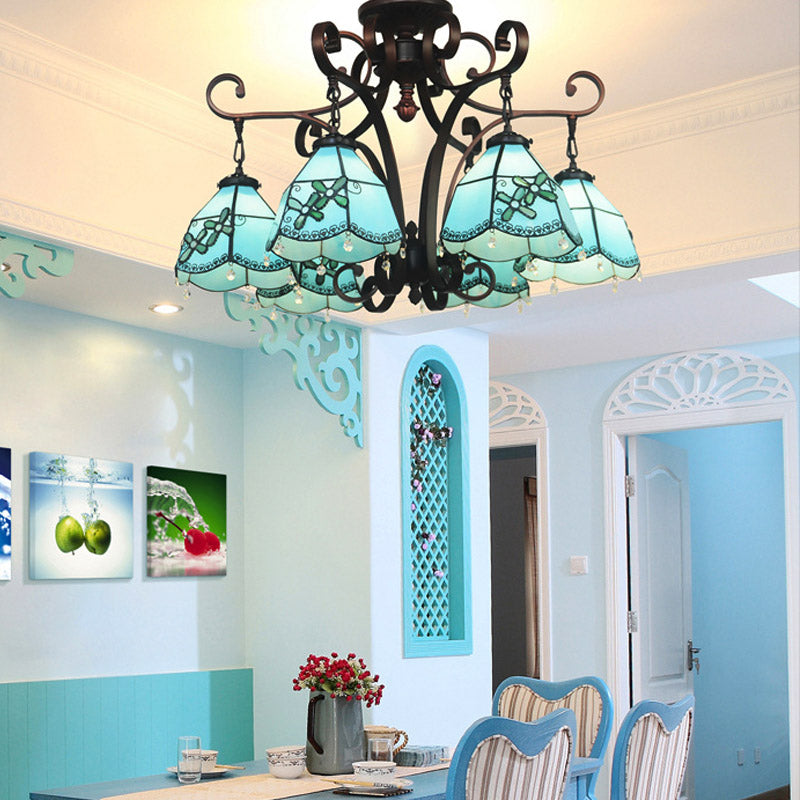 Flower Hanging Chandelier Baroque Hand Cut Glass 6 Lights Blue/Textured Silver Ceiling Lamp for Living Room Clearhalo 'Ceiling Lights' 'Chandeliers' 'Industrial' 'Middle Century Chandeliers' 'Tiffany Chandeliers' 'Tiffany close to ceiling' 'Tiffany' Lighting' 330404