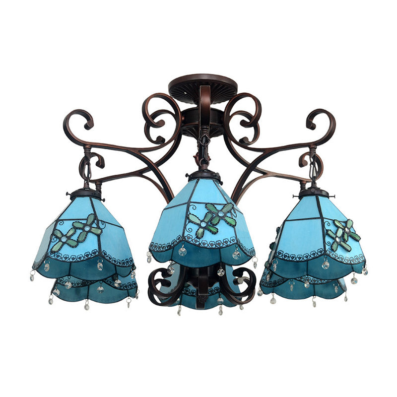Flower Hanging Chandelier Baroque Hand Cut Glass 6 Lights Blue/Textured Silver Ceiling Lamp for Living Room Clearhalo 'Ceiling Lights' 'Chandeliers' 'Industrial' 'Middle Century Chandeliers' 'Tiffany Chandeliers' 'Tiffany close to ceiling' 'Tiffany' Lighting' 330405